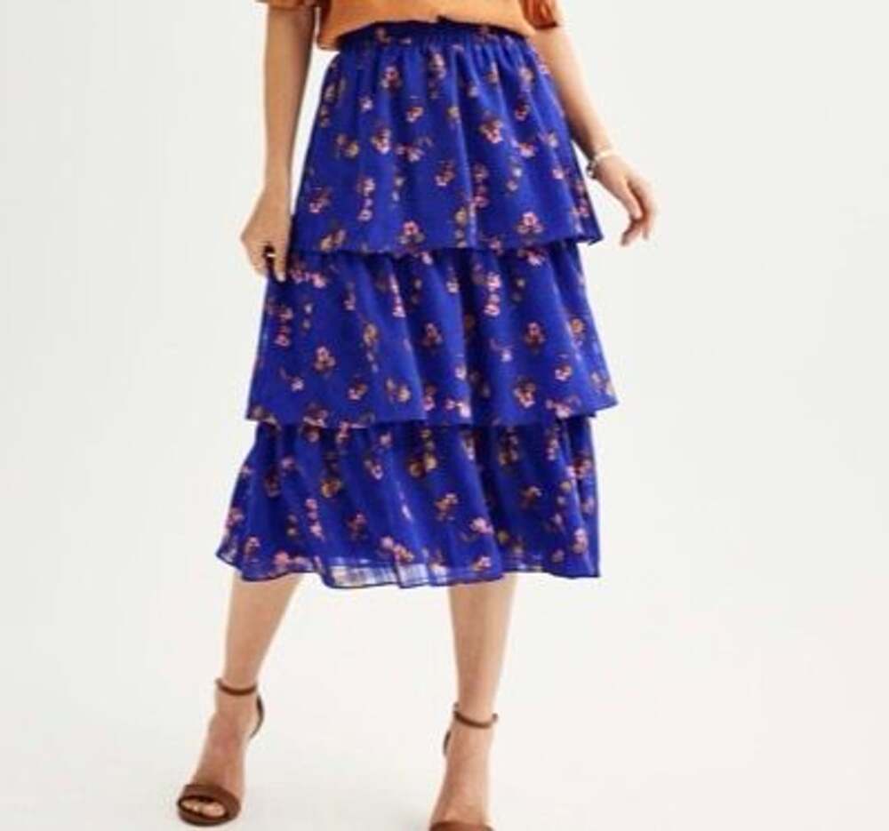 Draper James RSVP Women's Blue Floral Tiered Ruffle Midi Skirt
